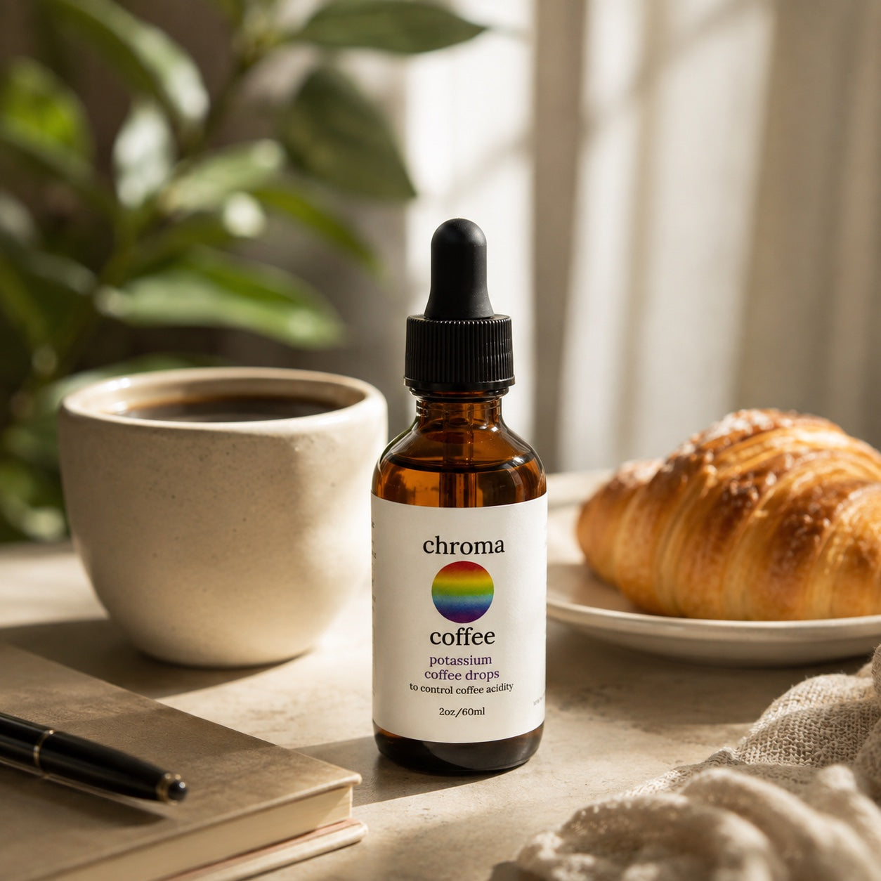 Chroma Coffee Drops beside a cup of coffee and a croissant